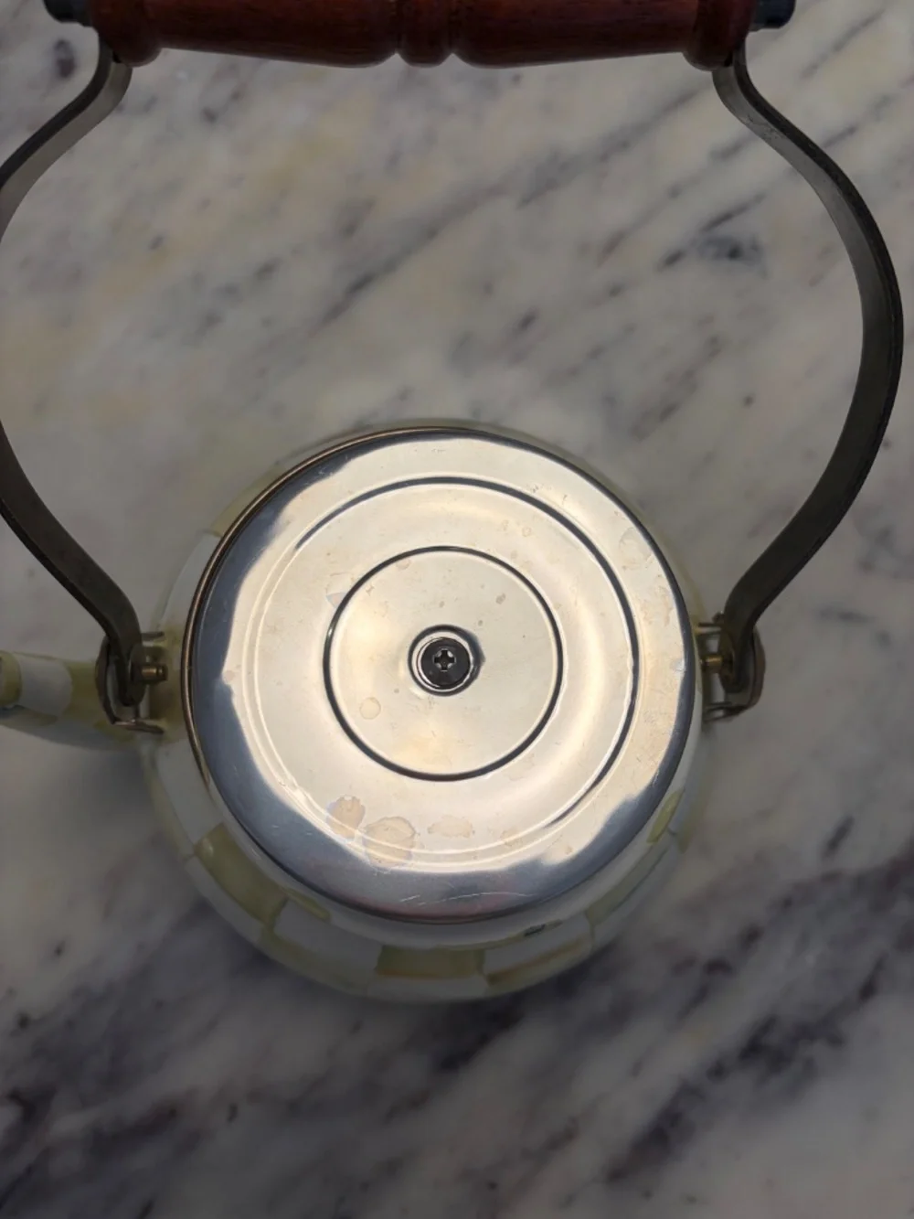 MacKenzie-Childs Parchment Check Tea Kettle | Wood Handle | Excellent Condition